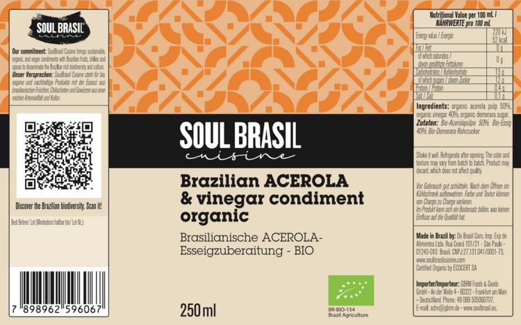 Soul Brasil Acerola Vinegar Condiment 250ml - USDA Organic