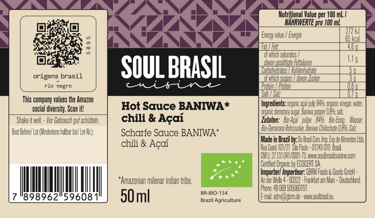 Soul Brasil Jiquitaia (Baniwa) Chilli and Açai Hot Sauce 50ml - USDA Organic