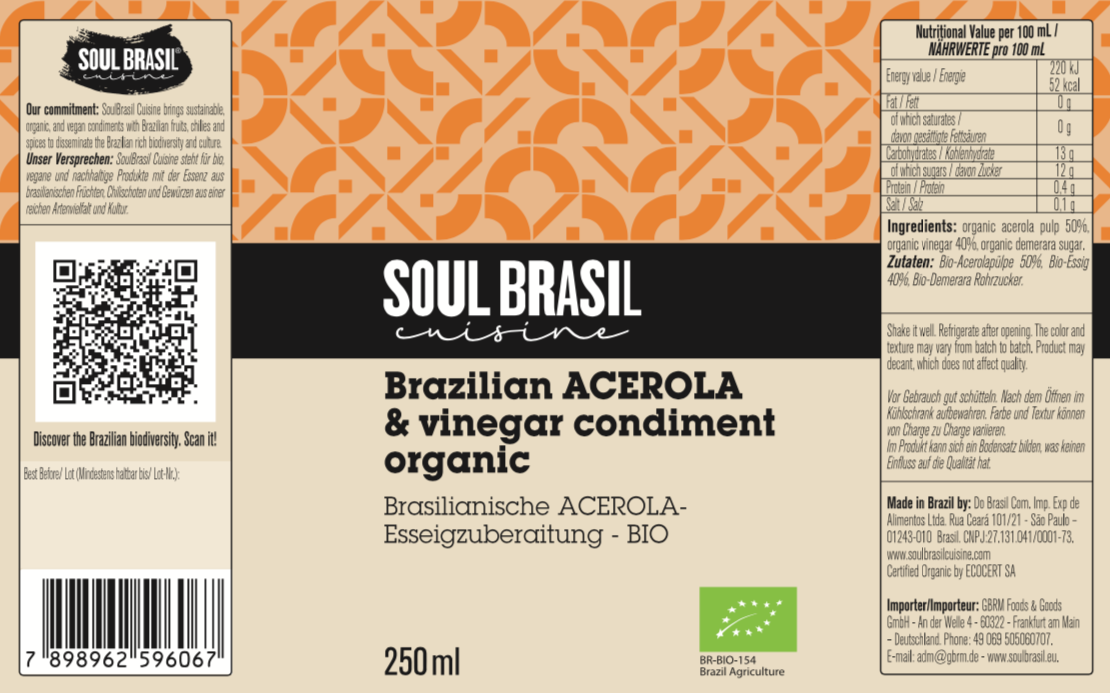 Condimento Vinagre de Acerola Soul Brasil 250ml - USDA Orgânico