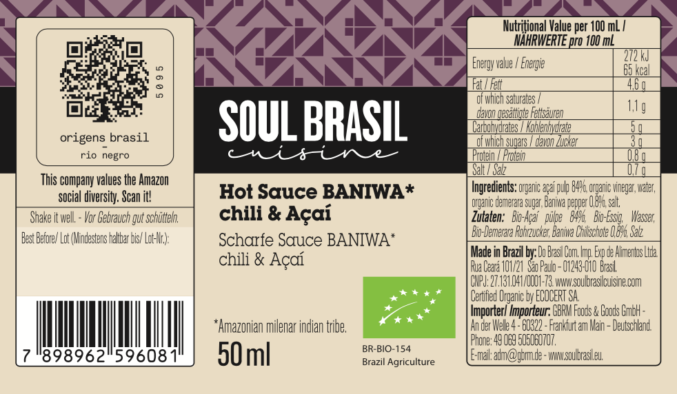 Soul Brasil Jiquitaia (Baniwa) Molho Picante de Pimenta e Açaí 50ml - USDA Organic